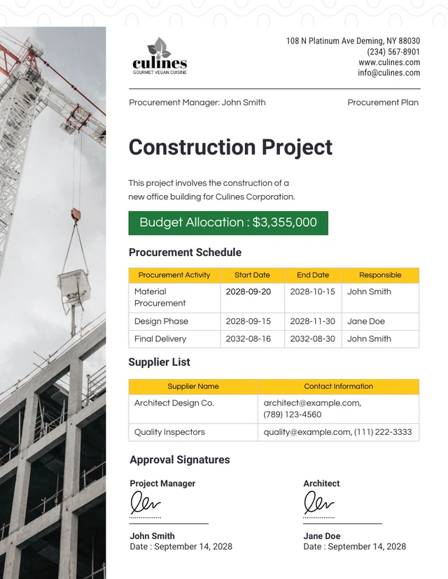 White and Yellow Construction Project Procurement Plans Template