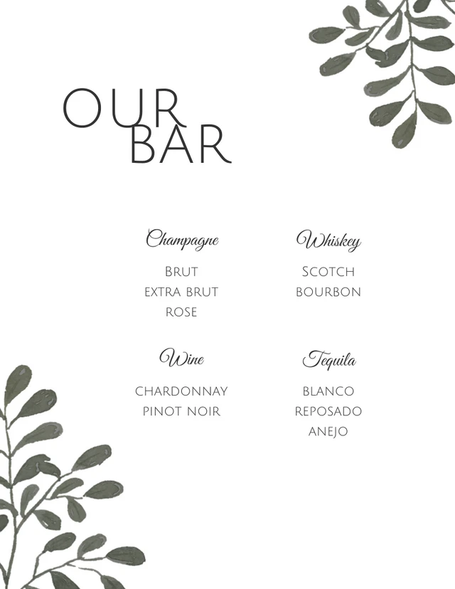 Modèle d'affiche de menu de bar de mariage minimaliste noir et blanc avec fleurs