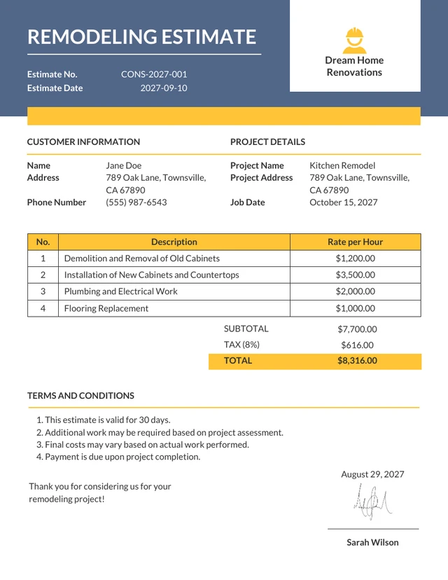 Minimalistische Kostenvoranschlagsvorlage für den Umbau in Blau und Gelb