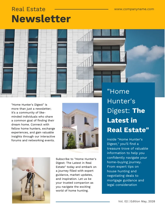 Yellow and Blue Minimalist Real Estate Newsletter Template