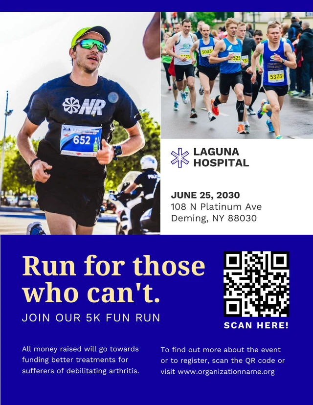 Weiße und blaue moderne Fun Run-Fundraising-Plakatvorlage