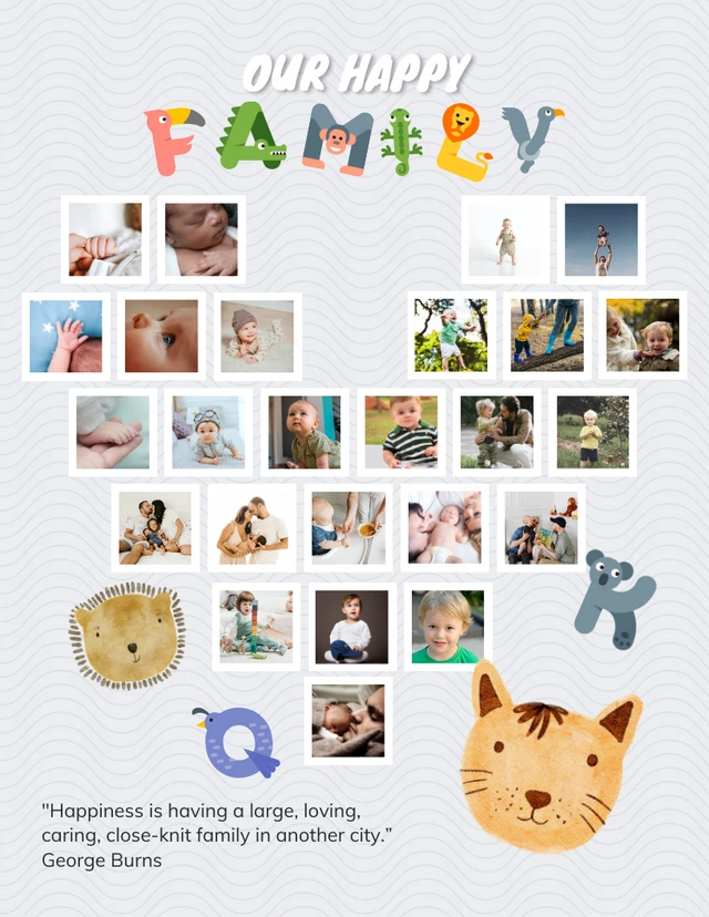 Grey Playful Illustration Family Heart Shaped Collages Template