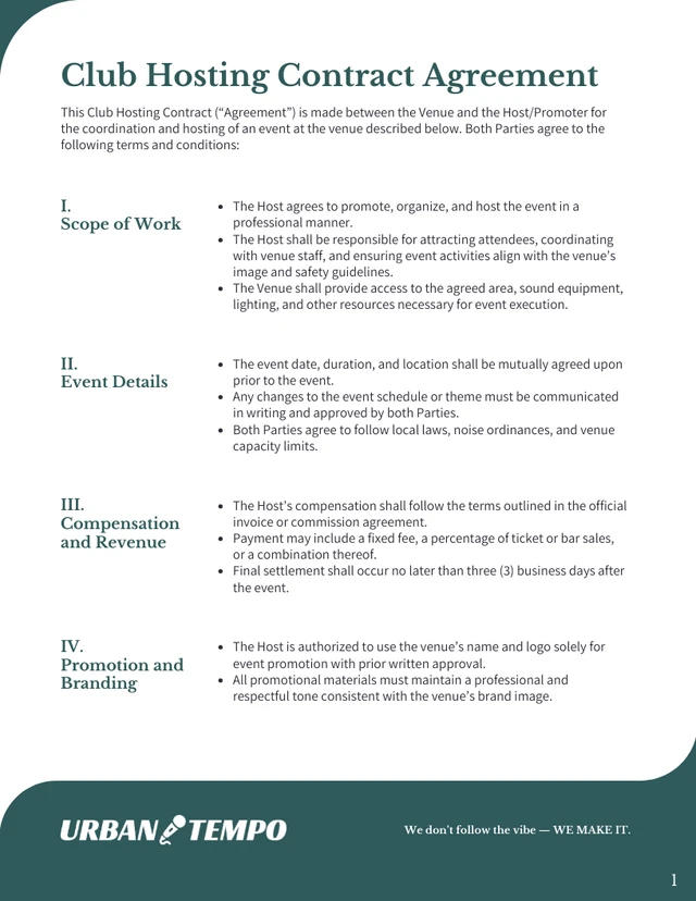 Club Hosting Contract Template - Seite 1
