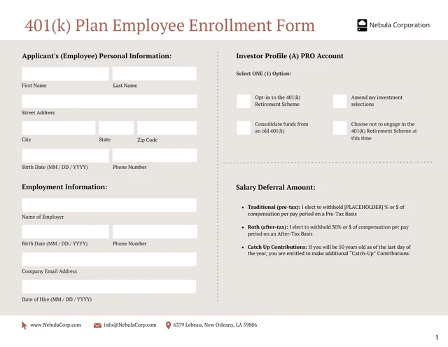 401(k) Enrollment Form for Employees - Página 1