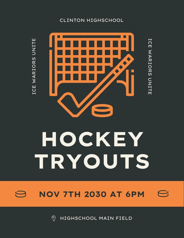 Black And Orange Minimalist Hockey Tryouts Poster Template