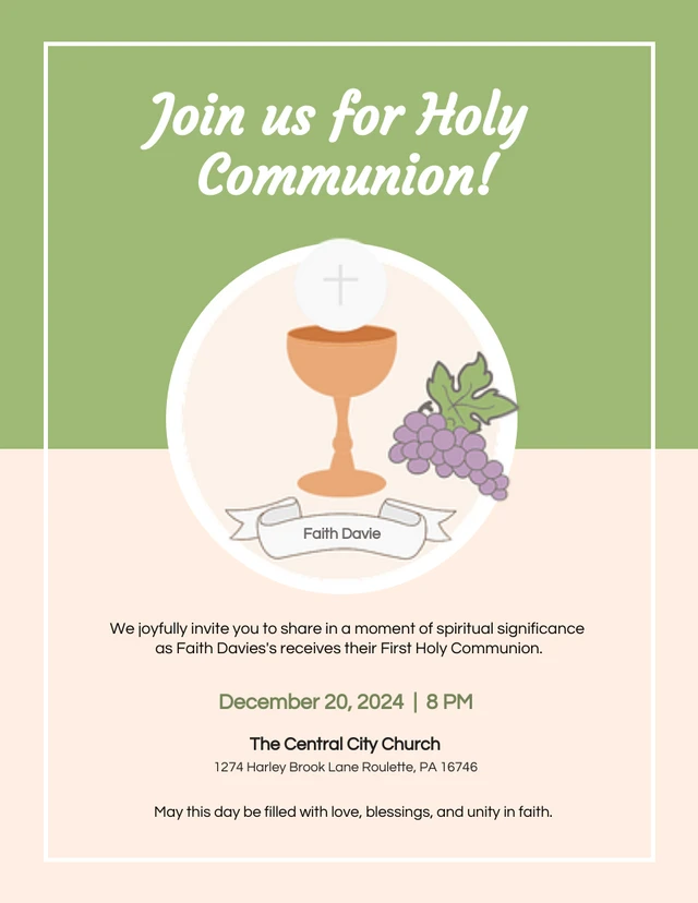 Green And Cream Holy Communion Invitation Template