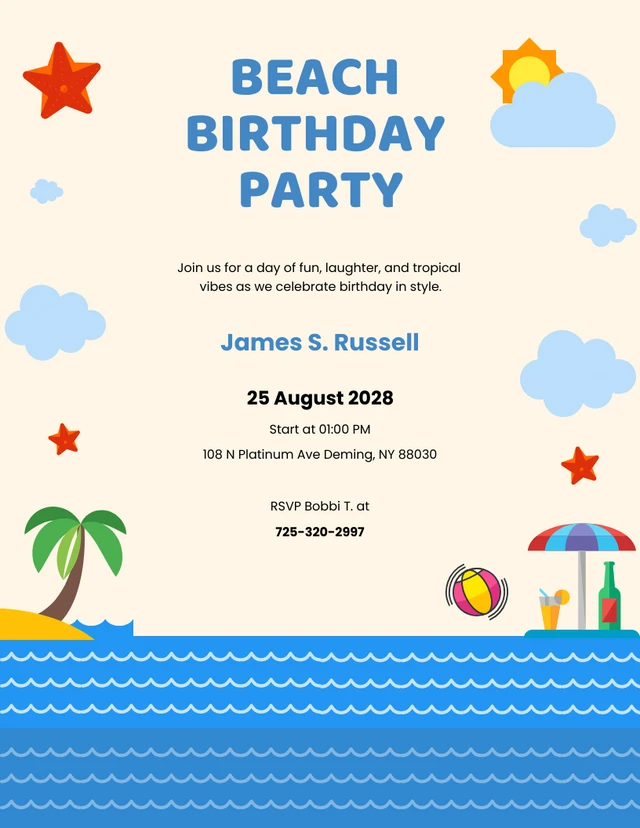 Cream And Blue Illustrated Fun Beach Birthday Invitations Template