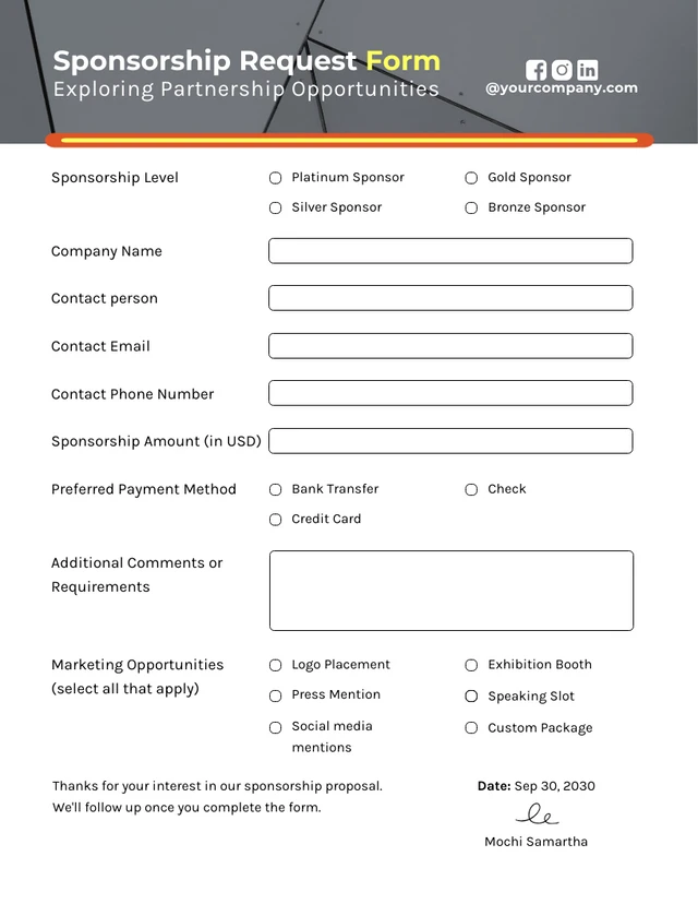 Orange and White Simple Sponsorship Form Template