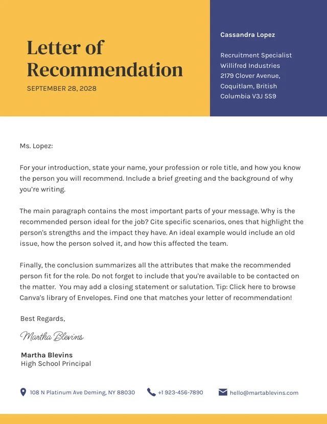 Yellow And Blue Simple Professional Recommendation Letters Template