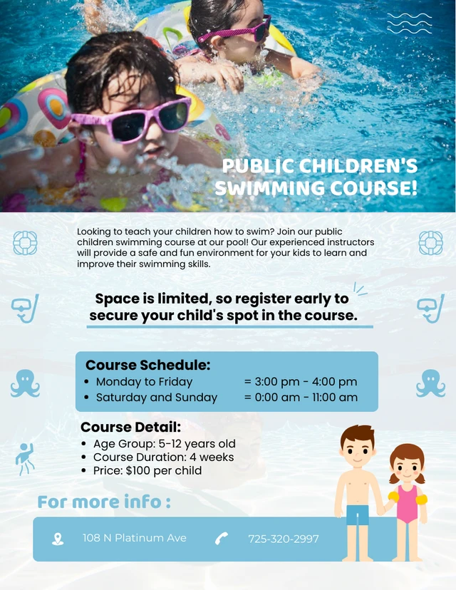 Modelo de pôster de curso público de natação para crianças