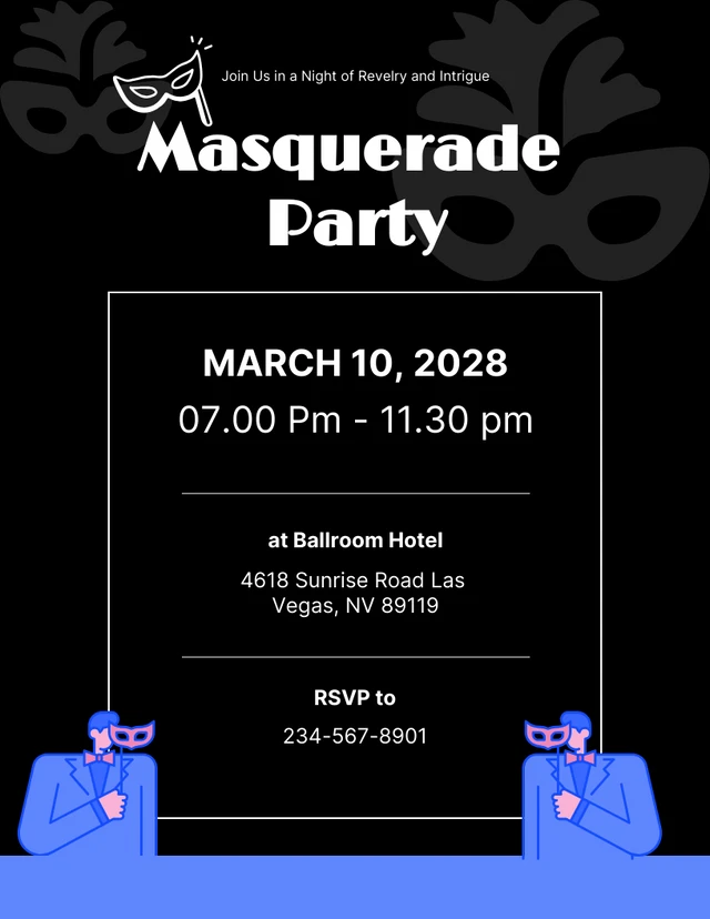Black And Blue Simple Party Masquerade Invitations Template