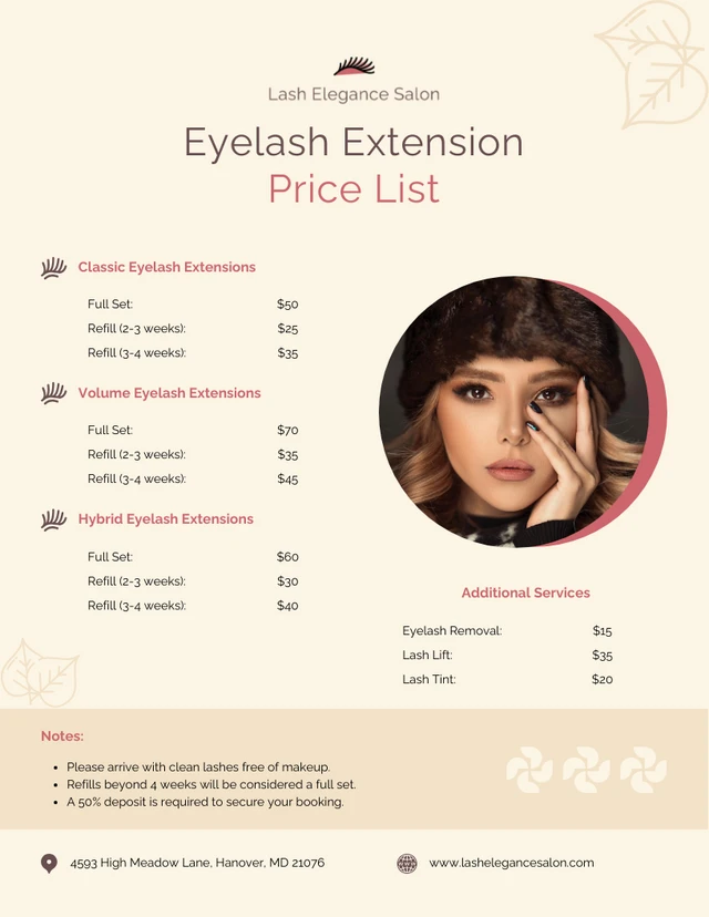 Modèle de liste de prix pour extensions de cils