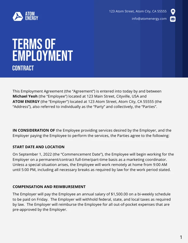 Terms Of Employment Contract Template - page 1