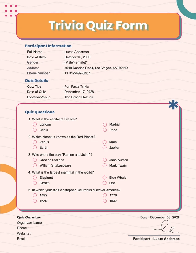 Pink and Orange Playful Quiz Form Template