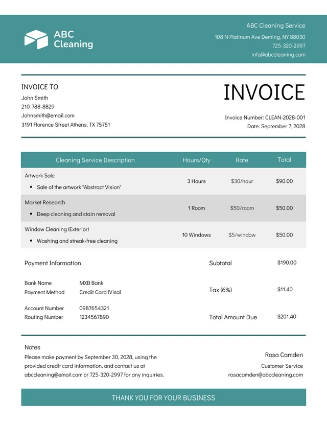 Formal Emerald Green Cleaning Invoice Template