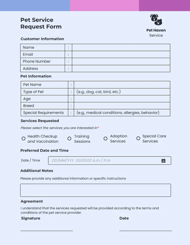 Simple Blue Minimalist Pet Service Form Template