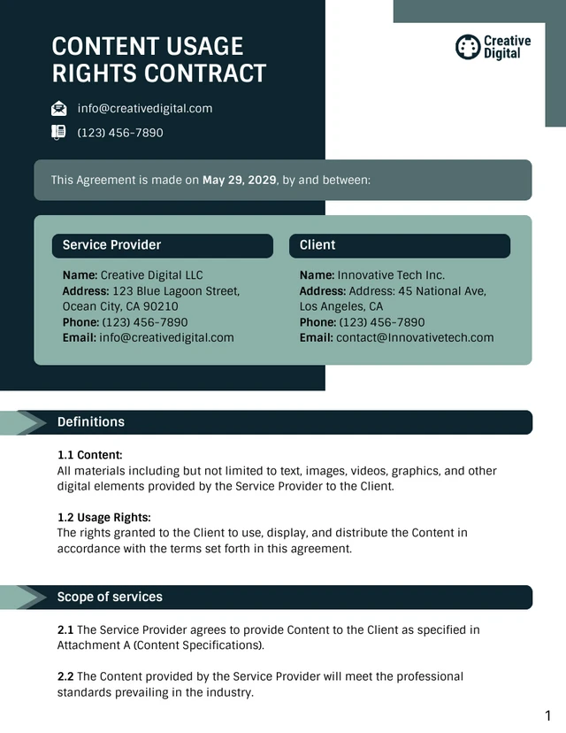 Content Usage Rights Contract Template - page 1