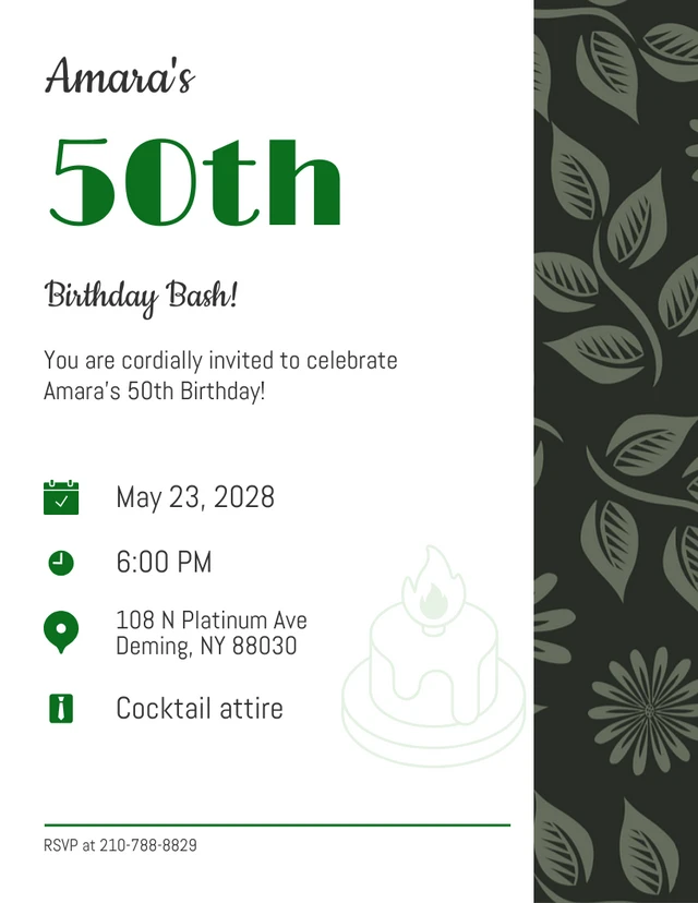 Modèle d'invitation pour le 50e anniversaire, feuille, moderne et minimaliste, blanc et vert