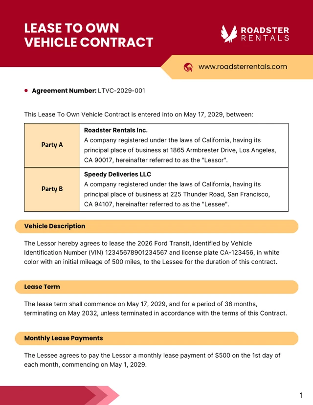 Lease To Own Vehicle Contract Template - Page 1