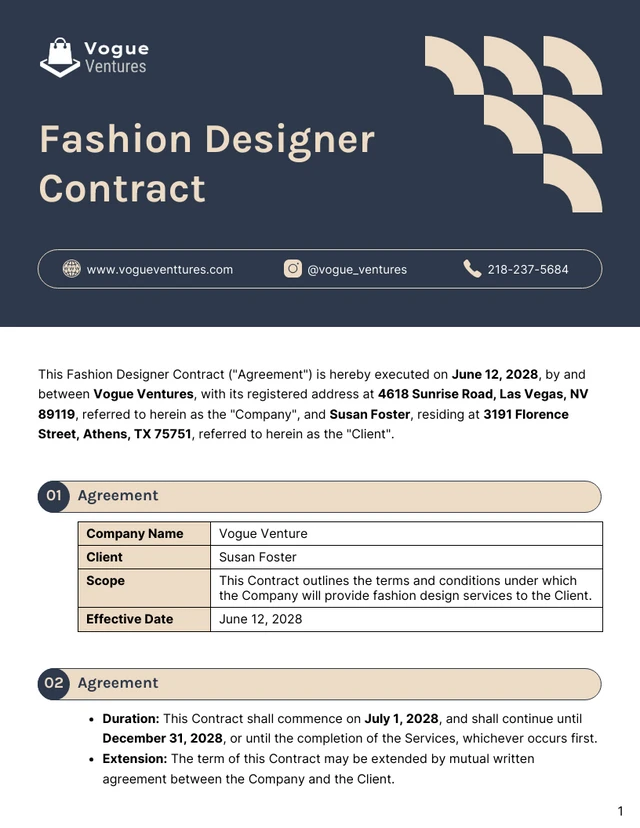 Fashion Designer Contract Template - Página 1