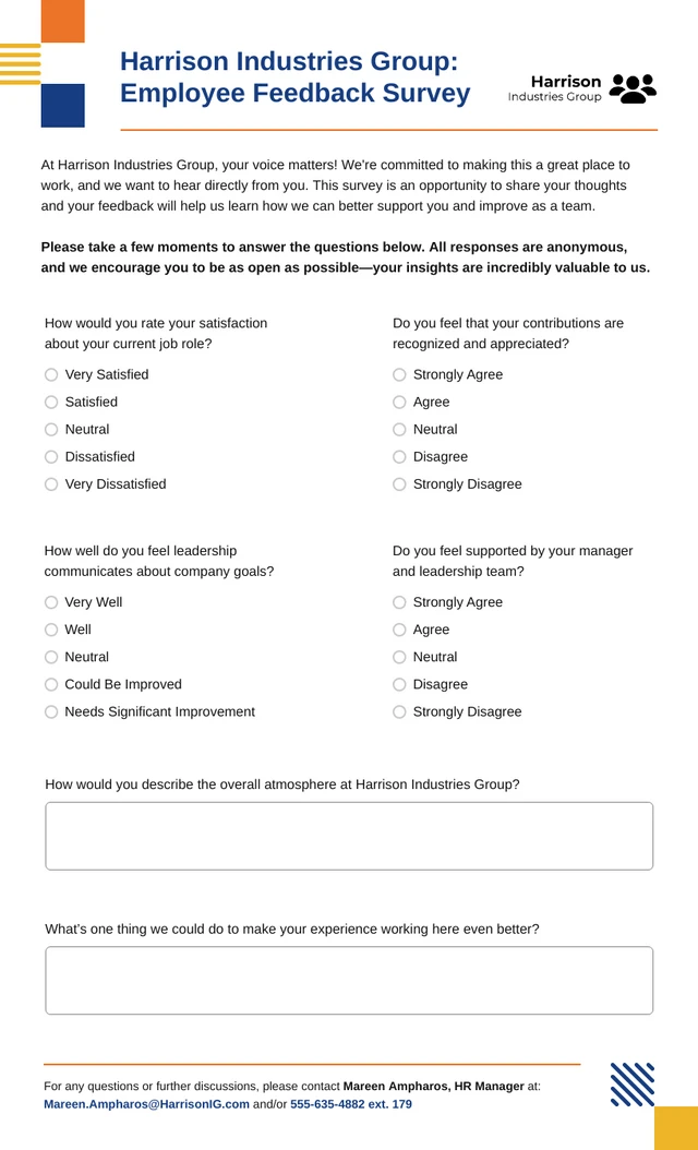 Modello di modulo di sondaggio di feedback dei dipendenti online