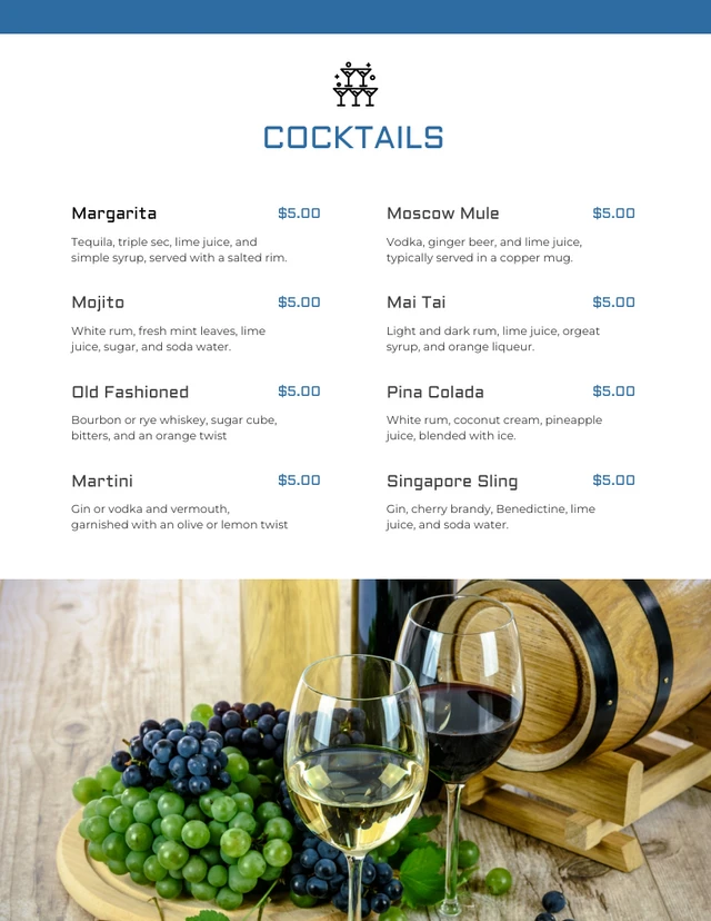 White And Blue Simple Photo Cocktails Bar Menu Template