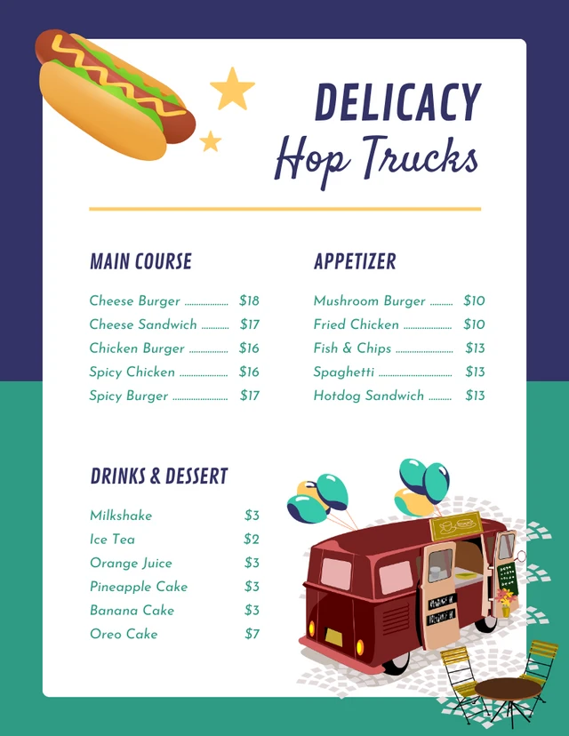 Navy And Teal Playful Illustration Food Truck Menu Template