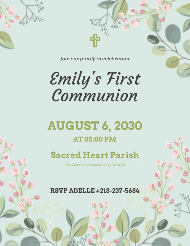Light Green First Communion Invitation Template