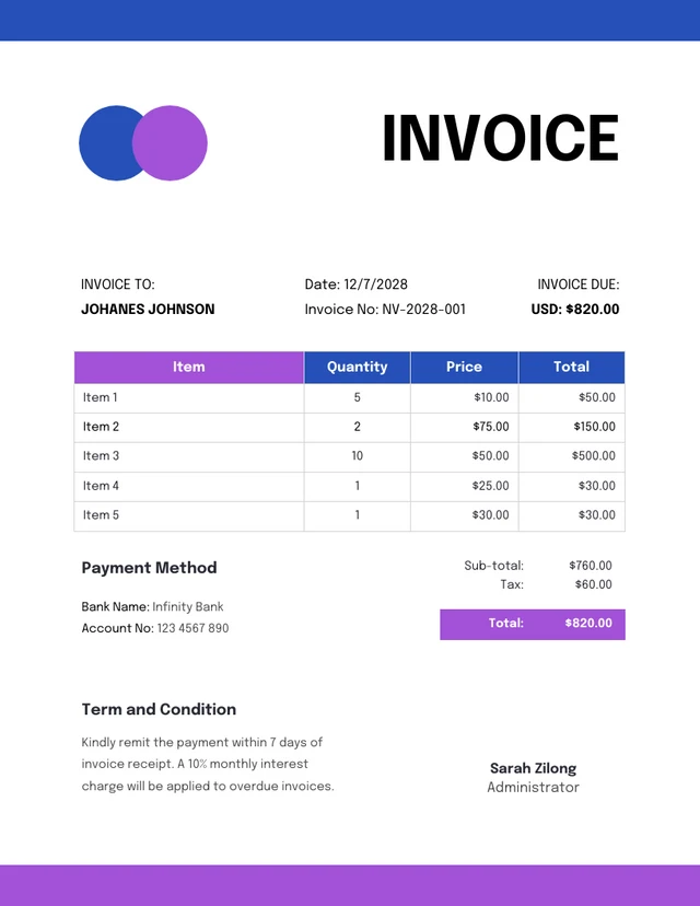 Blue and Purple Clean Business Invoice  Template