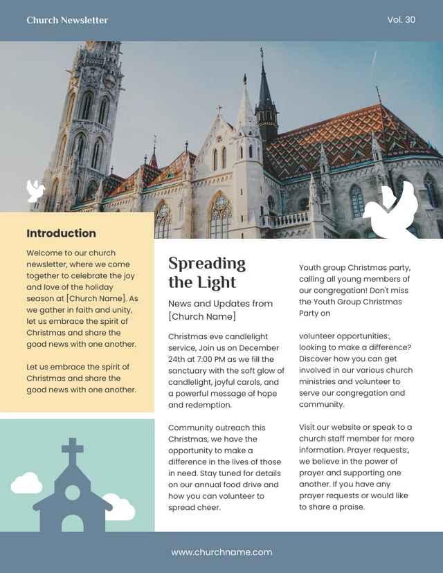 Moderne Kirche-Newsletter-Vorlage in sanftem Marineblau-Grün-Gelb