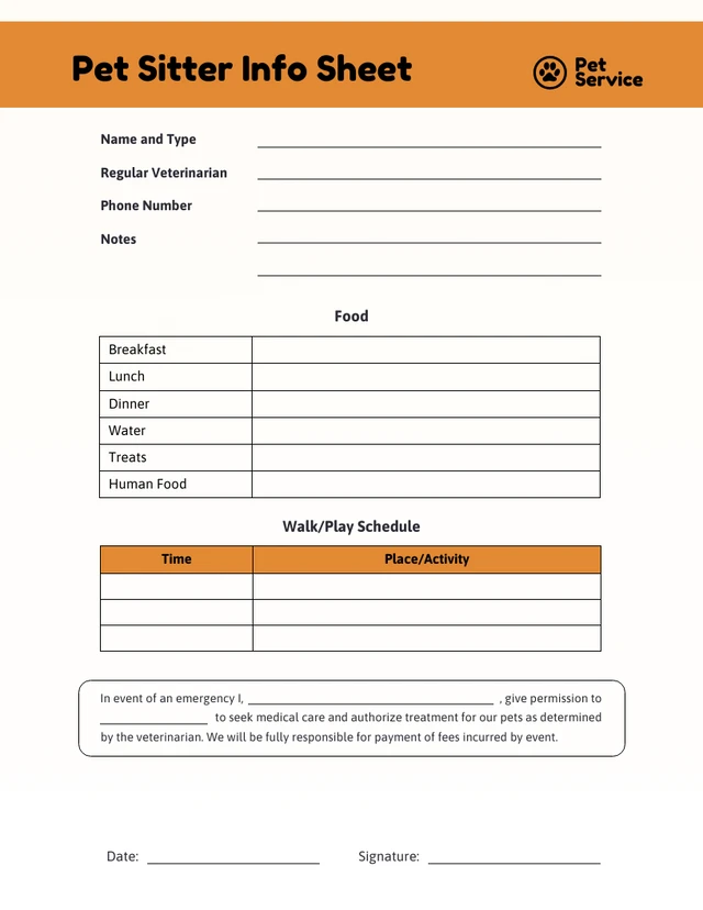 Simple Orange Pet Service Form Template