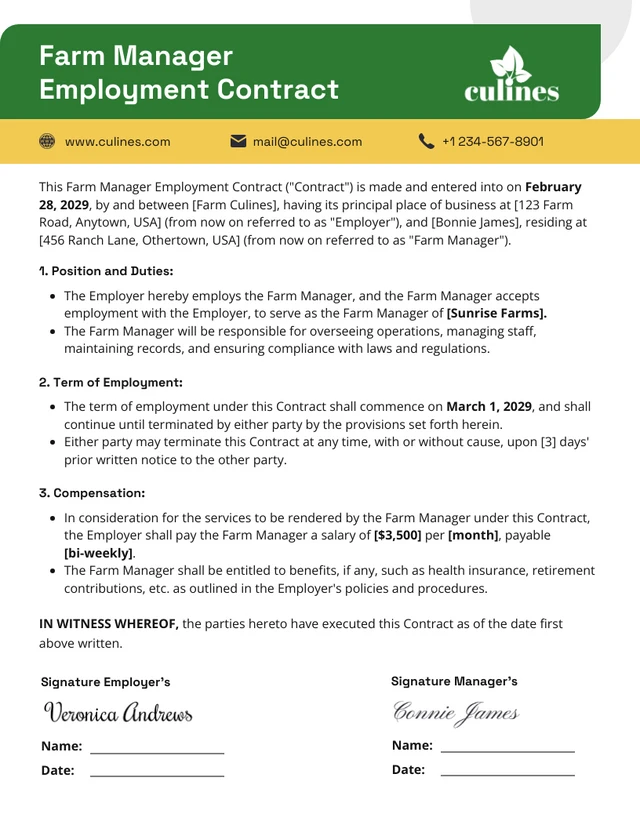 Farm Manager Employment Contract Template