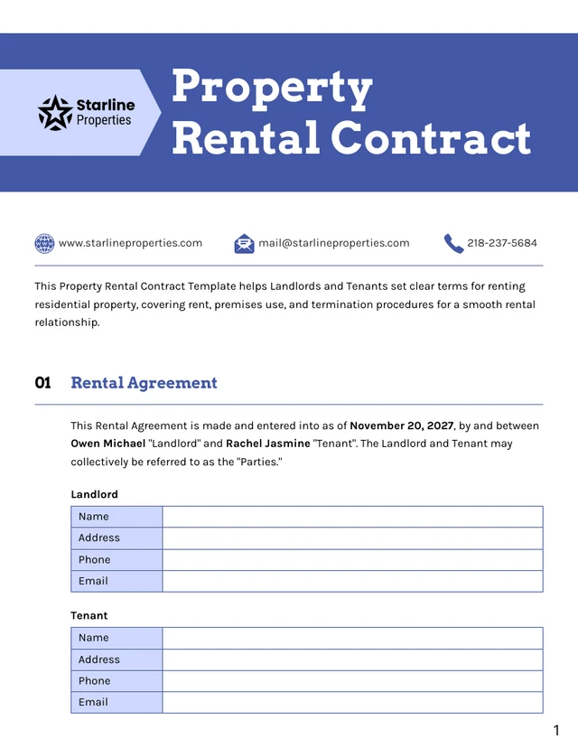 Property Rental Contract Template - Page 1