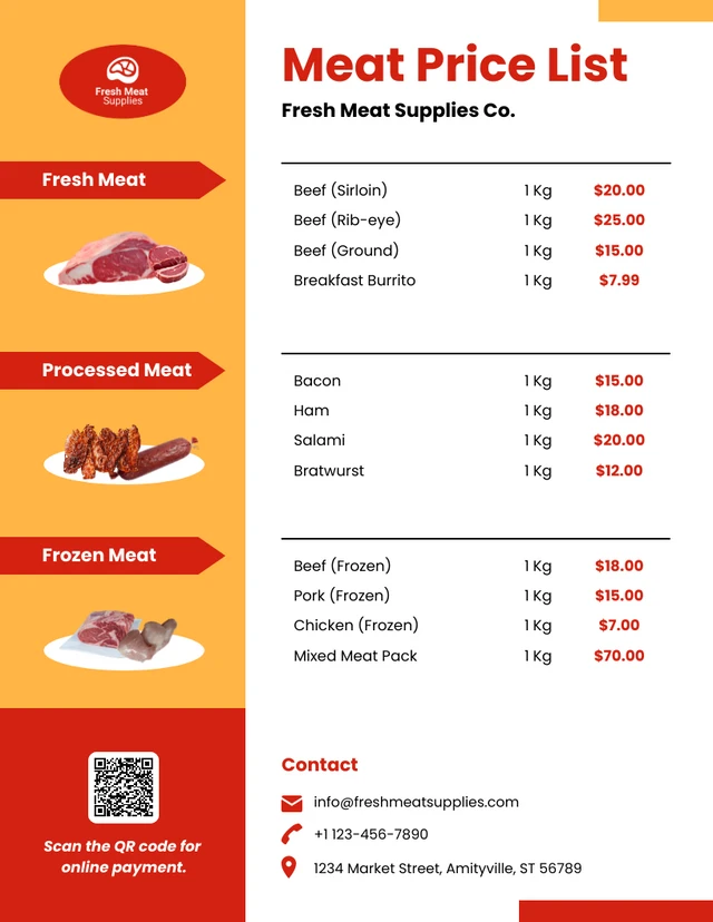 Modello di listino prezzi della carne