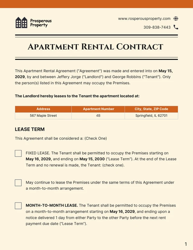 Apartment Rental Contract Template - Page 1