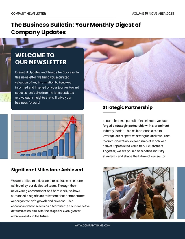White and dark navy the business bulletin newsletter company Template