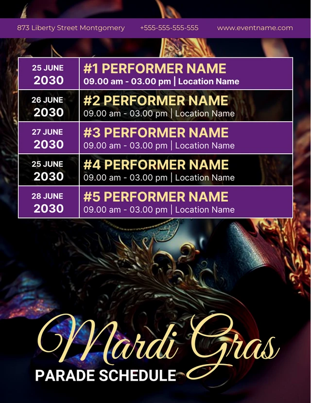 Black And Purple Moden Elegant Mardi Gras Parade Schedule Template