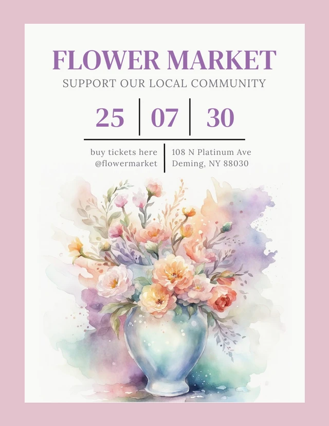 Rosa und lila moderne Aquarell-Blumenmarkt-Plakatvorlage