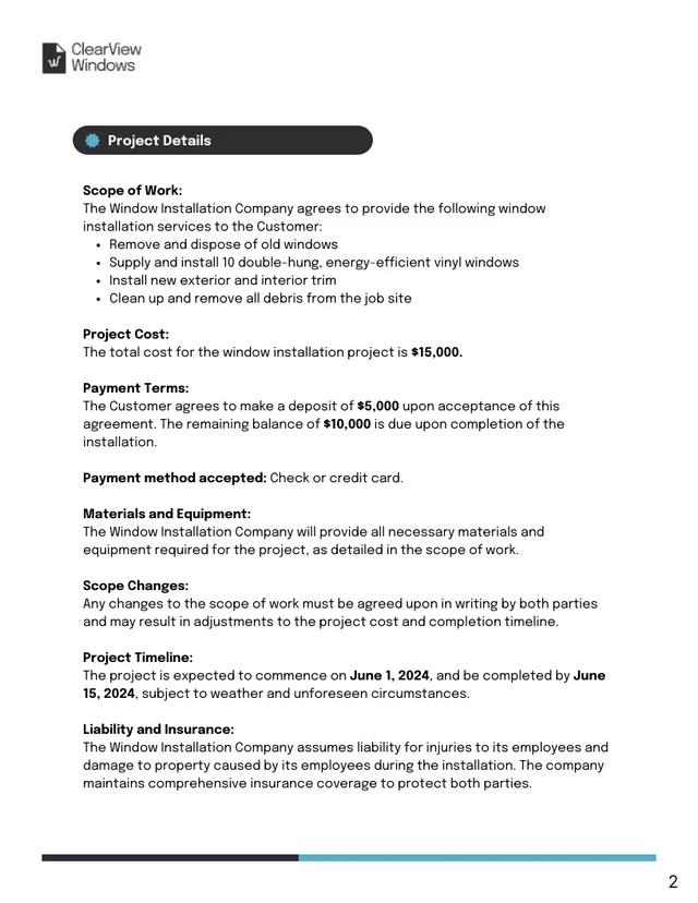 Window Installation Contract Template - Page 2