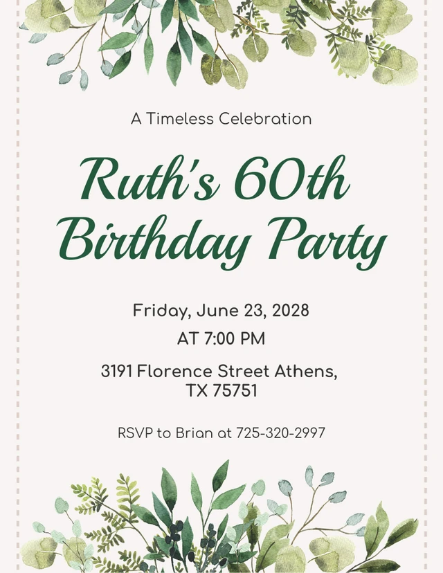 Beige Aesthetic Floral 60th Birthday Invitation Template