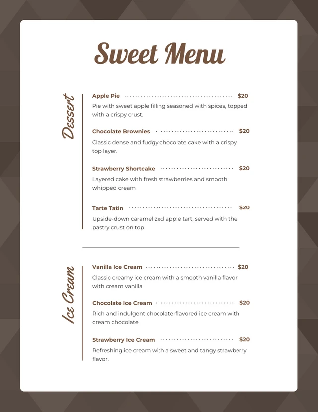 Modèle de menu de dessert géométrique minimaliste marron foncé