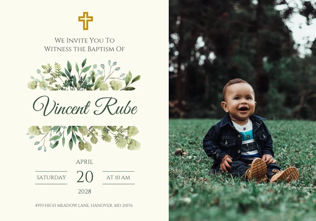 Cream and Green Floral Baptism Card Template