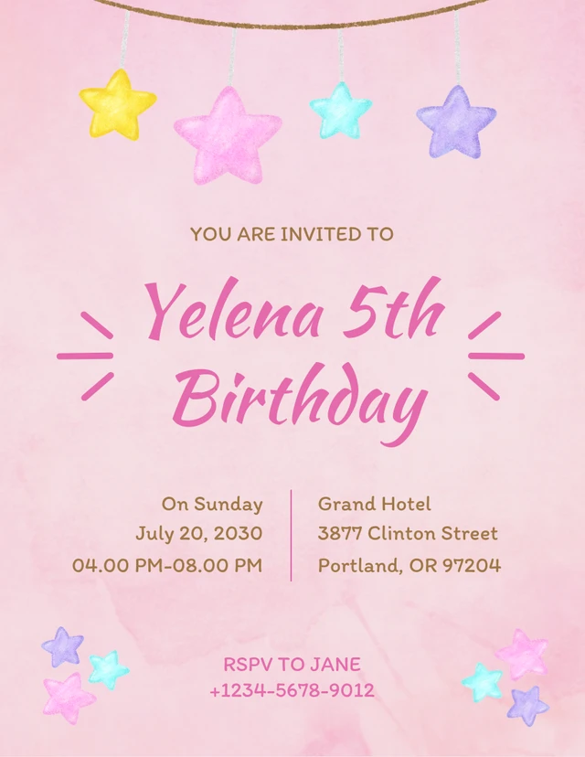 Pink Colorful Star Illustration Princess Birthday Invitation Template