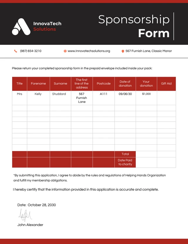 Modern White Red and Black Sponsorship Form Template