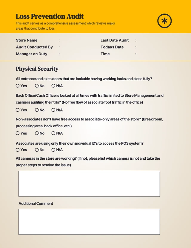 Simple Yellow Loss Prevention Audit Form Template