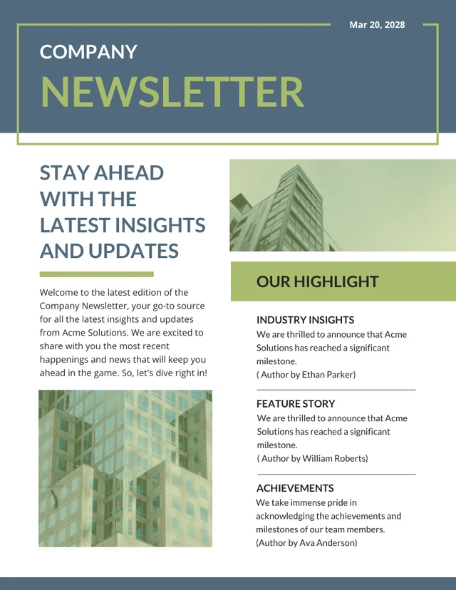 Lime Green And Blue Company Newsletter Template