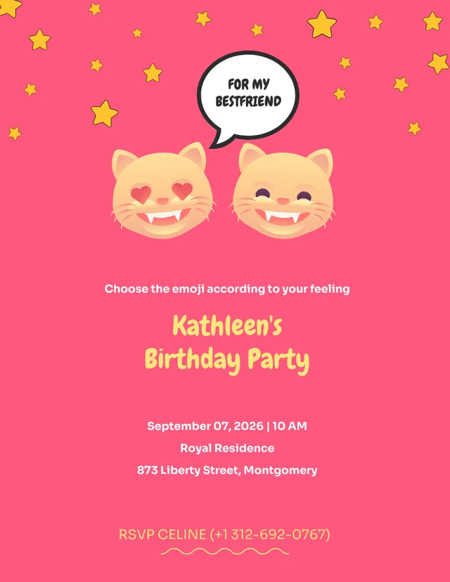 Modèle d'invitation d'anniversaire Emoji roses, chats et étoiles