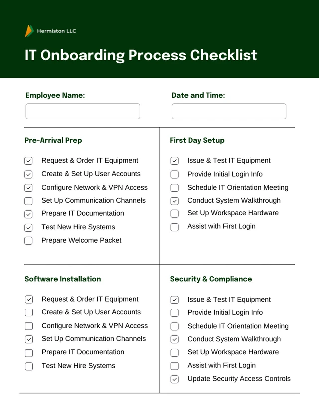 Modello di checklist del processo di onboarding IT