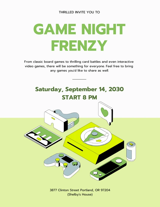 White and Neon Green Game Night Invitation Letter Template