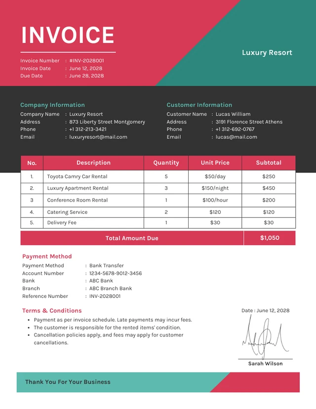 Red and Soft Green Trapezoid Rental Invoice Template